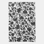 Zwarte en grijze wervelende bloemen theedoek (Verticaal)