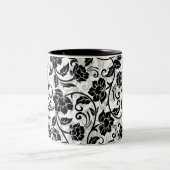 Zwarte en grijze wervelende bloemen tweekleurige koffiemok (Center)