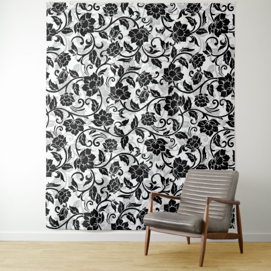 Zwarte en grijze wervelende bloemen wandkleed (In situ)