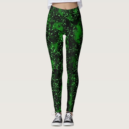 Zwarte en groene Abstracte plakband Leggings (Voorkant)
