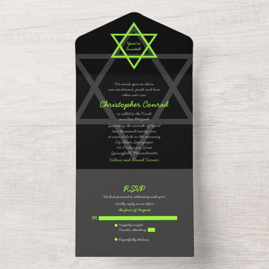 Zwarte en groene balk Mitzvah RSVP All In One Uitnodiging (Binnen)