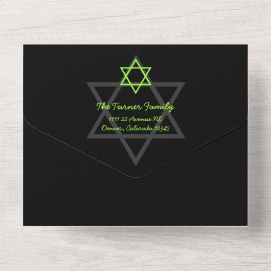 Zwarte en groene balk Mitzvah RSVP All In One Uitnodiging (Achterkant)