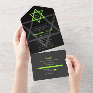 Zwarte en groene Bar Mitzvah RSVP All In One Uitnodiging