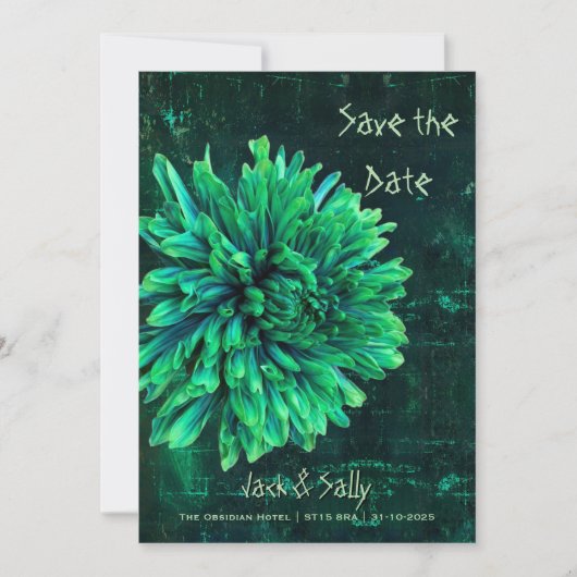 Zwarte en groene chrysant save the date (Voorkant)