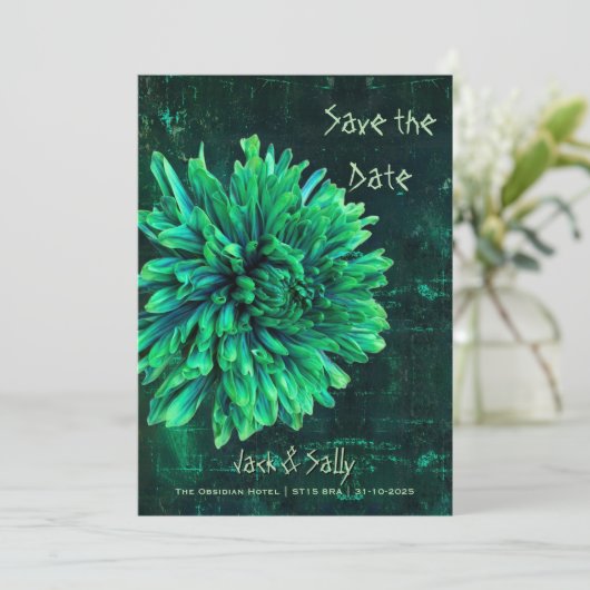 Zwarte en groene chrysant save the date (Staand voorkant)