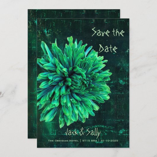 Zwarte en groene chrysant save the date (Voorkant / Achterkant)