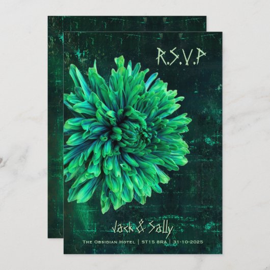 Zwarte en groene chrysant save the date (Voorkant / Achterkant)