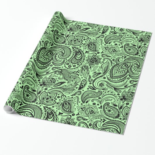Zwarte en groene Floral Paisley Cadeaupapier (Uitgerold)
