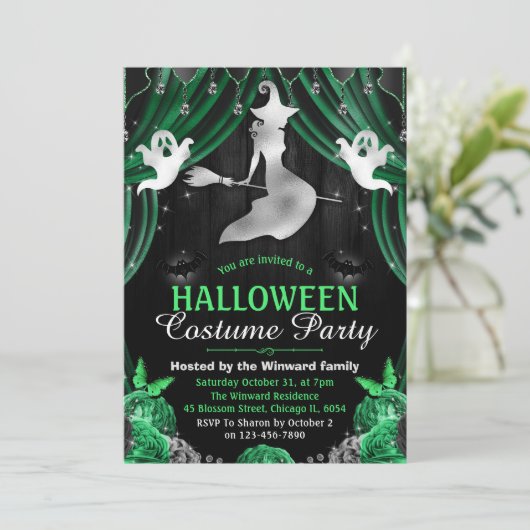 Zwarte en groene heks en shimmer Curtains Hallowee Kaart (Staand voorkant)