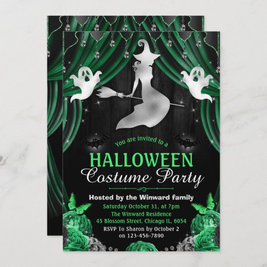 Zwarte en groene heks en shimmer Curtains Hallowee Kaart (Voorkant / Achterkant)