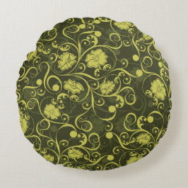 Zwarte en groene Natuur geïllustreerd Floral Patte Rond Kussen