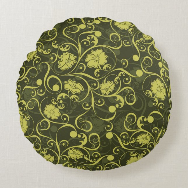 Zwarte en groene Natuur geïllustreerd Floral Patte Rond Kussen (Voorkant)