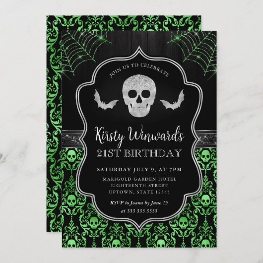 Zwarte en groene schedel en spinnenwebben 21e verj kaart (Voorkant / Achterkant)