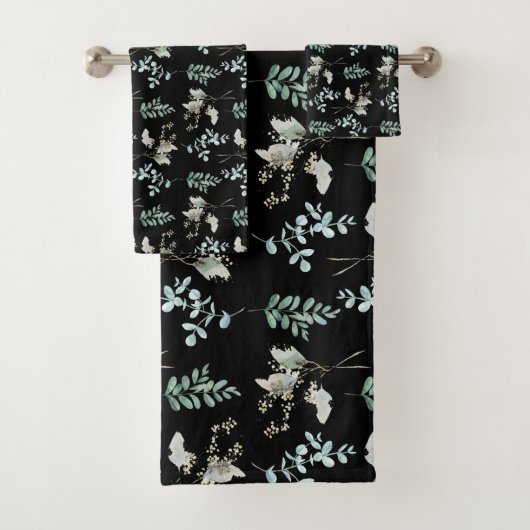 Zwarte en groene trendy botanische bladeren bad handdoek (Insitu)
