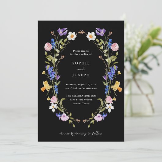 Zwarte en Heldere Boho Bloemenkrans | Bruiloft Kaart (Staand voorkant)