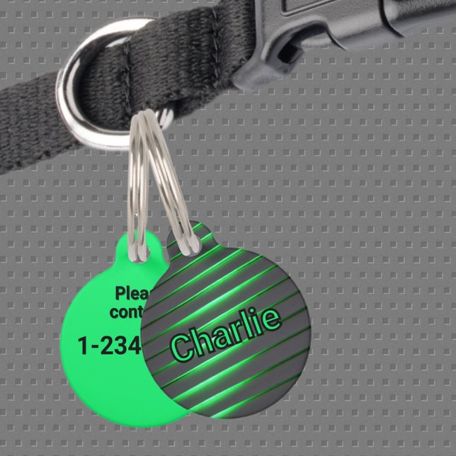 Zwarte en Heldergroene Techno Cyber Stripes Huisdierpenning (Creator heeft geüpload)