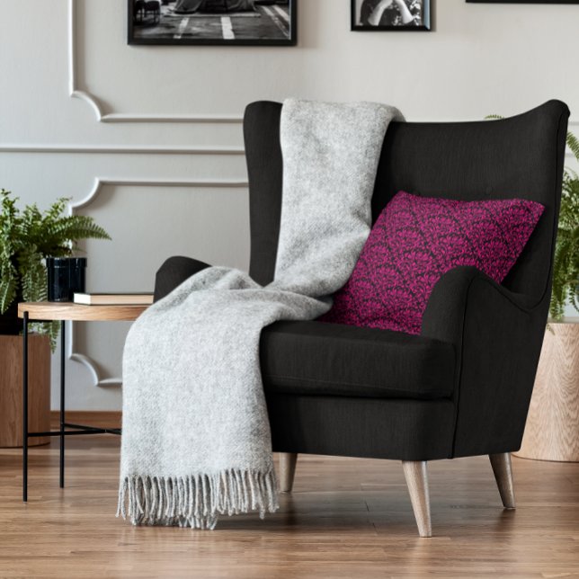 Zwarte en hete roze roos bloemendamasker kussen (Hot Pink and Black Rose Floral Damask Throw Pillow)