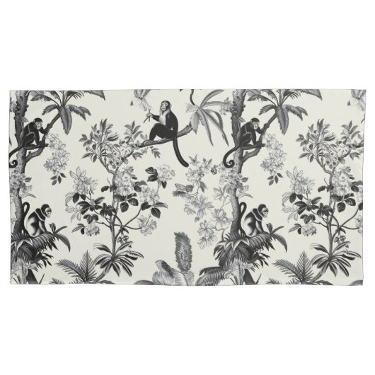 Zwarte en ivoren tropische apen Toile de Jouy Kussensloop (Voorkant-Links)