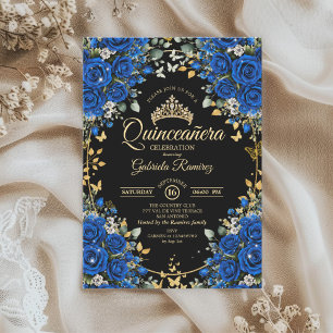 Zwarte en Koningsblauwe Rozen Gouden Quinceañera Kaart