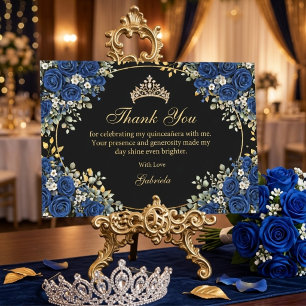 Zwarte en Koninklijk Blauwe Rozen Gouden Quinceañe Bedankkaart