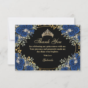 Zwarte en Koninklijk Blauwe Rozen Gouden Quinceañe Bedankkaart
