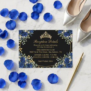 Zwarte en Koninklijk Blauwe Rozen Gouden Quinceañe Informatiekaartje