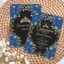 Zwarte en Koninklijk Blauwe Rozen Gouden Quinceañe