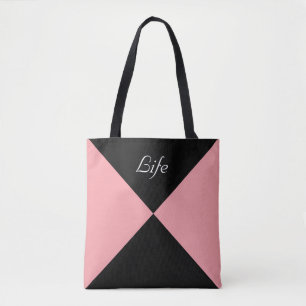 Zwarte en koraalroze abstracte driehoekige boodsch tote bag