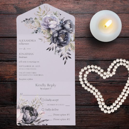 Zwarte en lavendelbloem all in one uitnodiging