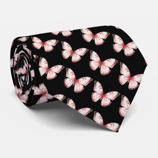 Zwarte en Licht Roze Vlinders Das (Opgerold)