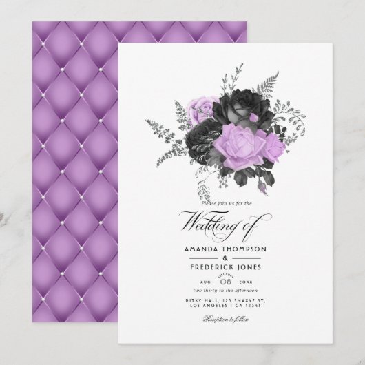 Zwarte en Lila  Floral Wedding Kaart (Voorkant / Achterkant)