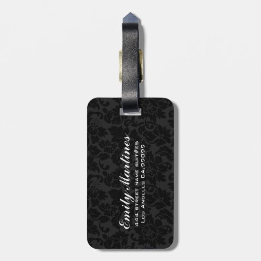 Zwarte en metalen zilverkleurige  Floral Damaskers Bagagelabel (Achterkant verticaal)