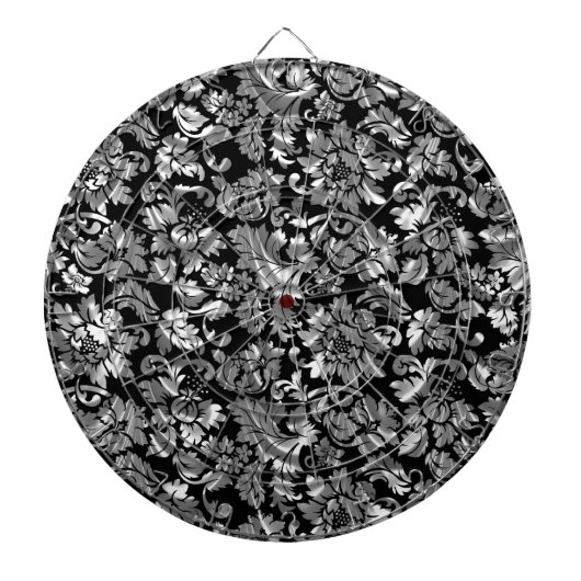 Zwarte en metalen zilverkleurige  Floral Damaskers Dartbord (Voorkant)