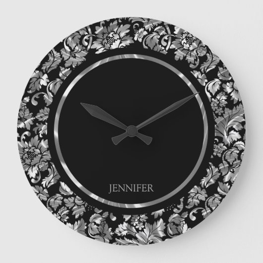 Zwarte en metalen zilverkleurige  Floral Damaskers Grote Klok (Voorkant)
