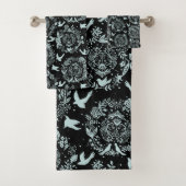 Zwarte en Mint Green Floral en vogels Bad Handdoek (Insitu)