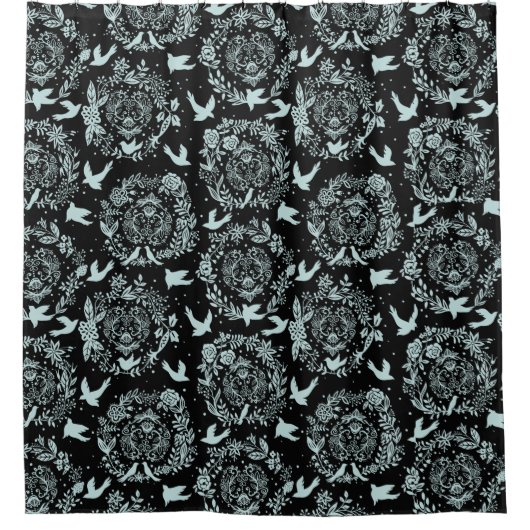 Zwarte en Mint Green Floral en vogels Douchegordijn (Voorkant)