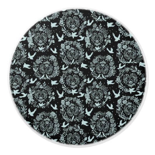 Zwarte en Mint Green Floral en vogels Keramische Knop (Voorkant)