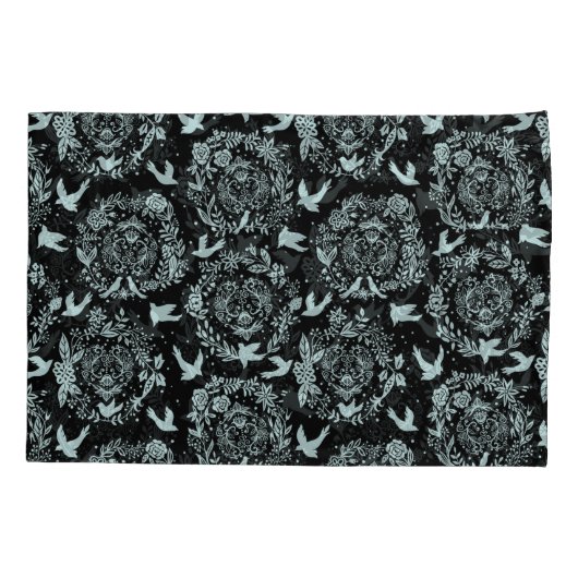 Zwarte en Mint Green Floral en vogels Kussensloop (Achterkant-Links)