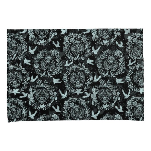 Zwarte en Mint Green Floral en vogels Kussensloop (Voorkant-Rechts)