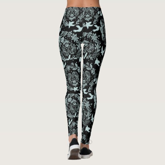 Zwarte en Mint Green Floral en vogels Leggings (Achterkant)