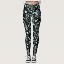 Zwarte en Mint Green Floral en vogels Leggings