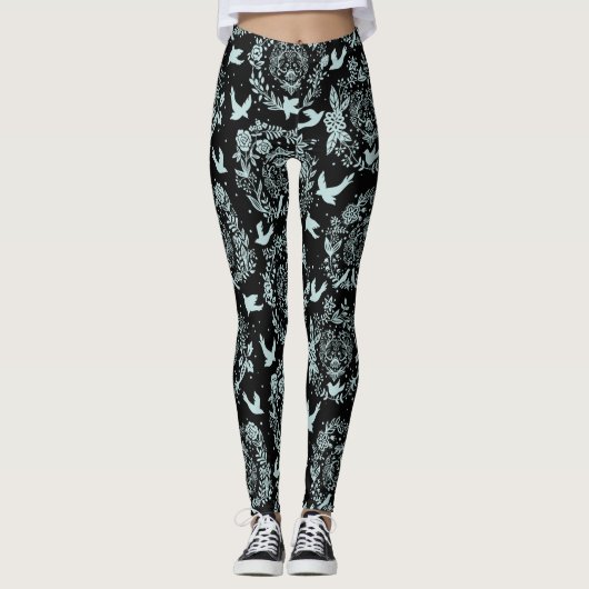 Zwarte en Mint Green Floral en vogels Leggings (Voorkant)