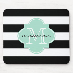 Zwarte en Munt Nautische Strepen Custom Monogram Muismat