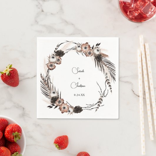 Zwarte en natuurlijke Floral Boho Name V2 Servet (Insitu)