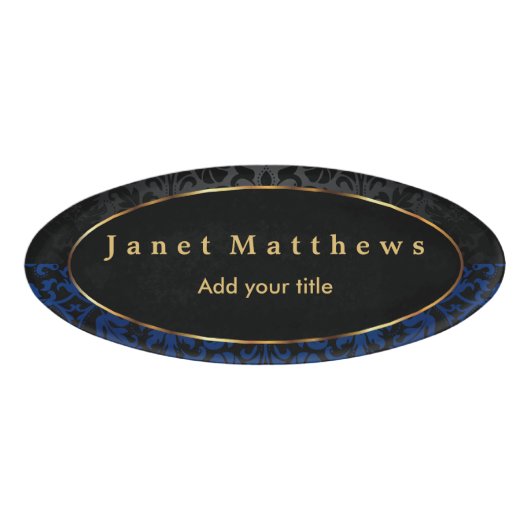 Zwarte en Navy Blue Damask met Gold Trim Design Naambadge (Voorkant)