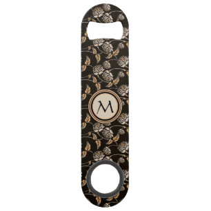 Zwarte en neutrale Floral - Aangepast monogram en  Speed Flessenopener