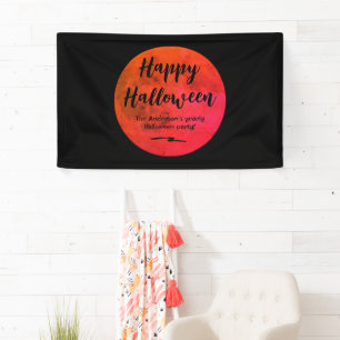 Zwarte en Oranje Enge Volle Maan Happy Halloween Spandoek