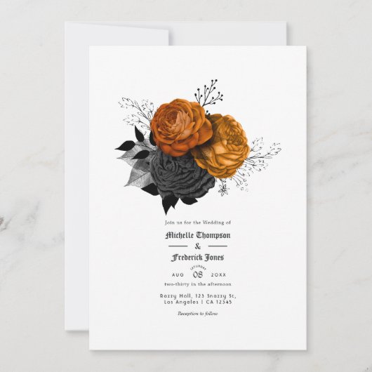 Zwarte en Oranje Floral Gothic Wedding Kaart (Voorkant)