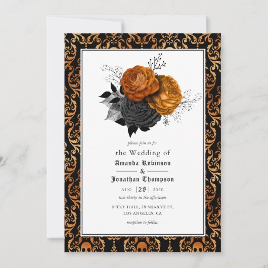 Zwarte en Oranje Floral Gothic Wedding Photo Invit Kaart (Voorkant)