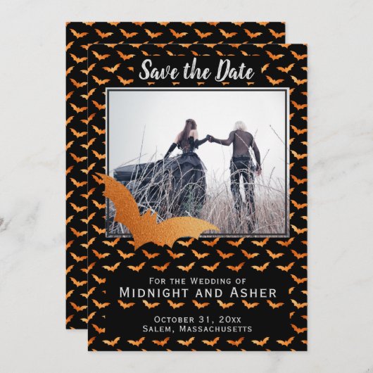 Zwarte en Oranje Folie Bat Halloween Wedding Save The Date (Voorkant / Achterkant)